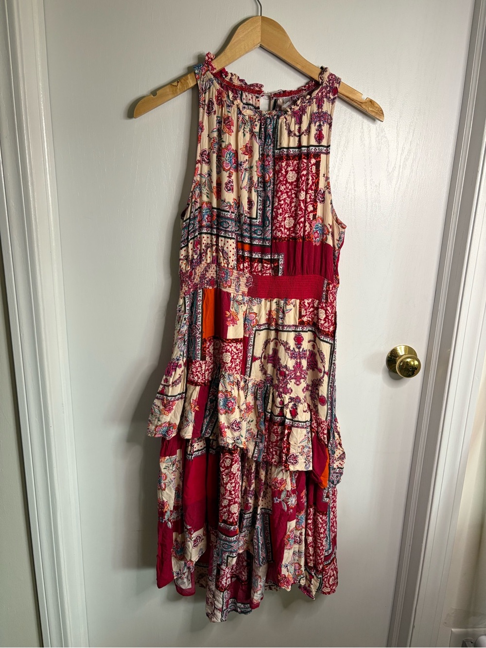 Lapis Patchwork Lined High-Lo Midi Tier Ruffle Sundress L Boho Festival Coquette